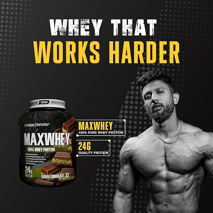 Healthfarm MaxWhey Whey Protein Powder | 24g Protein | Fast Absorbing Protein (Dubai chocolate) 2kg