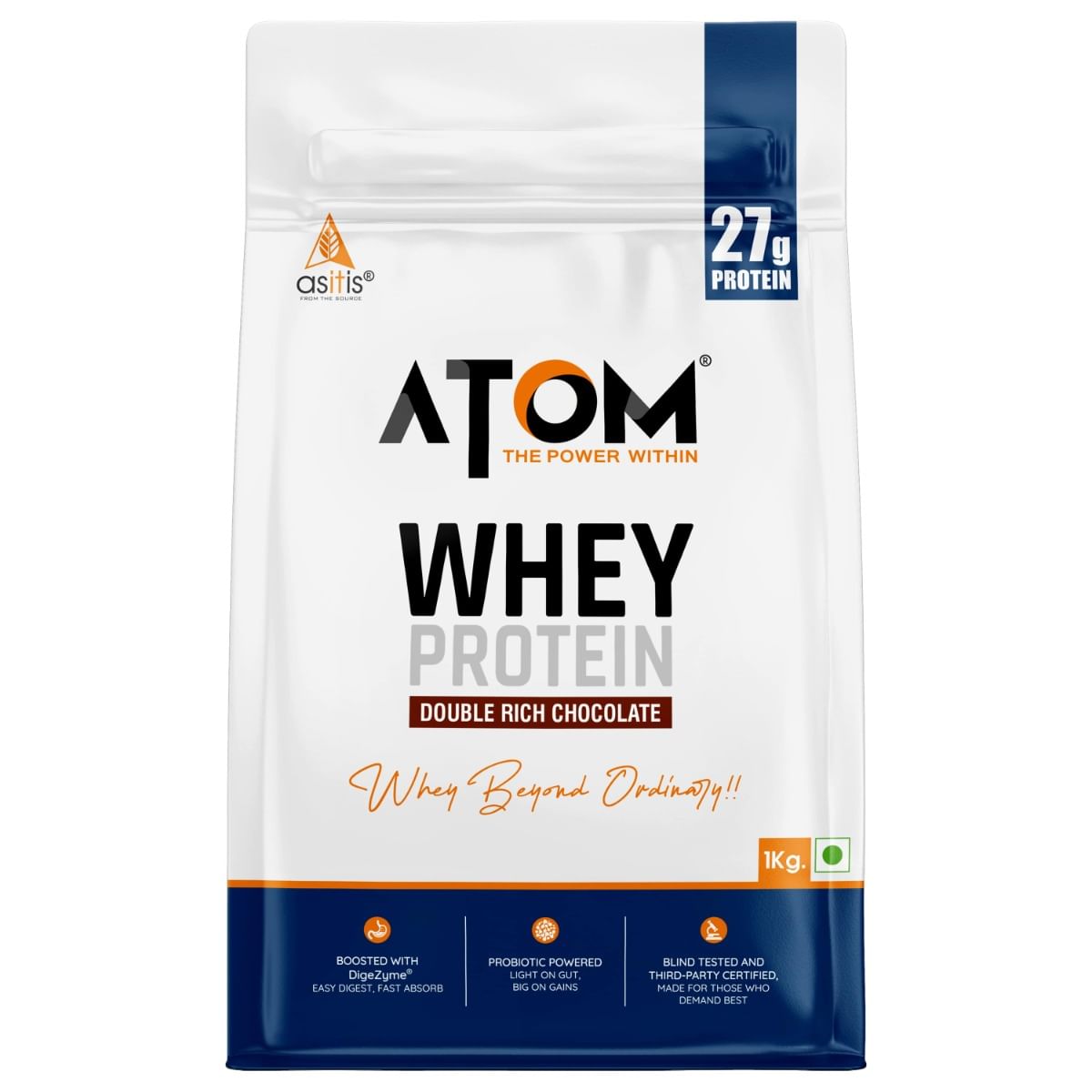 AS-IT-IS ATOM Whey Protein 1kg | Double rich chocolate | 27g protein | 5.7g BCAA | Digestive Enzymes