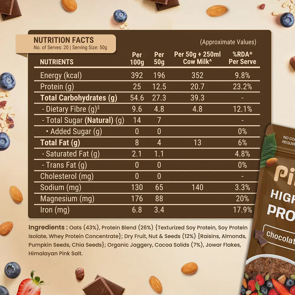 Pintola 25g High Protein Oats, Dark Chocolate, Oats for weight loss, Breakfast Cereals Pouch - 1kg