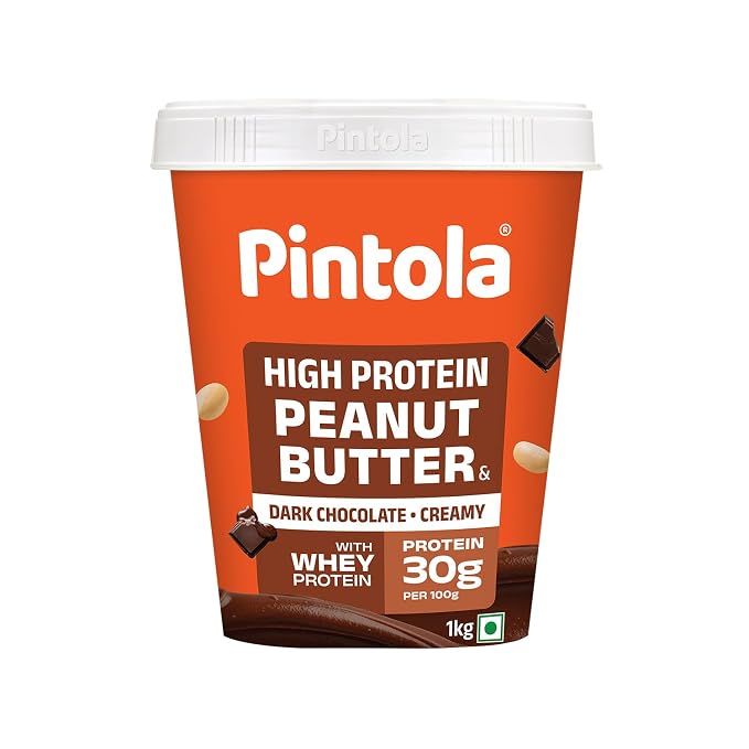 PINTOLA High Protein Peanut Butter Chocolate Flavour Creamy 1kg, Added WHEY Protein, 30g Protein 6.2g Fiber, Gluten Free, Zero Trans Fat, Dark Chocolate Peanut Butter Spread, Nut Butter Bread Snacks