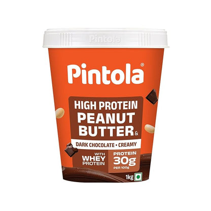 PINTOLA High Protein Peanut Butter Chocolate Flavour Creamy 1kg, Added WHEY Protein, 30g Protein 6.2g Fiber, Gluten Free, Zero Trans Fat, Dark Chocolate Peanut Butter Spread, Nut Butter Bread Snacks