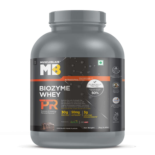 MuscleBlaze Biozyme Whey Protein PR Powder with 30g Protein, 3g Creatine Monohydrate & 50mg AstraGin, Chocolate Fudge (2kg / 4.4lbs
