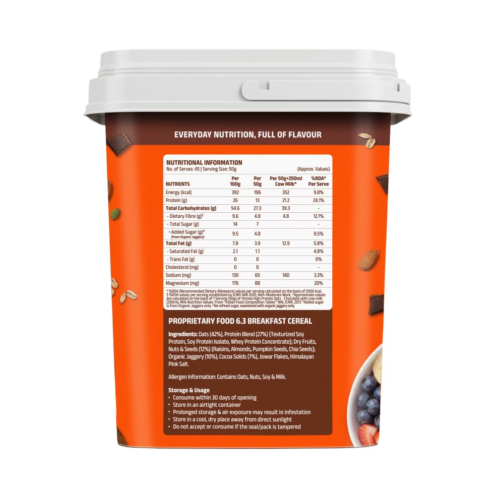 Pintola 26g High Protein Oats 2.25kg, Dark Chocolate, No Refined Sugar, with Almonds, Raisins, Pumpkin & Chia Seeds, 9.6g Fibre, Rolled Oats for Weight Loss, Breakfast Cereals | Gluten Free