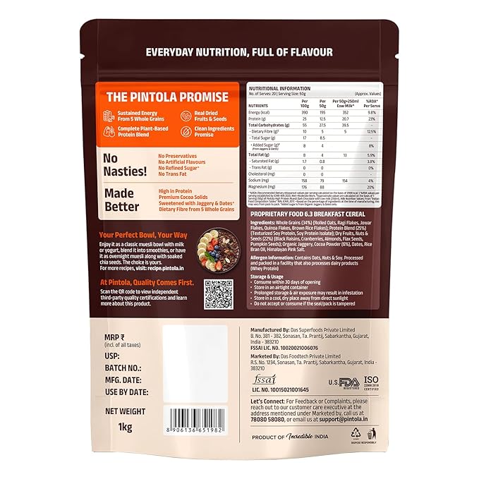 Pintola 25g High Protein Oats, Dark Chocolate, Oats for weight loss, Breakfast Cereals Pouch - 1kg