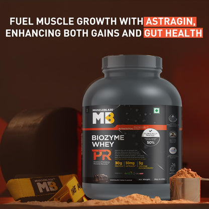 MuscleBlaze Biozyme Whey Protein PR Powder with 30g Protein, 3g Creatine Monohydrate & 50mg AstraGin, Chocolate Fudge (2kg / 4.4lbs