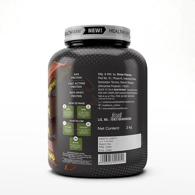 Healthfarm MaxWhey Whey Protein Powder | 24g Protein | Fast Absorbing Protein (Dubai chocolate) 2kg