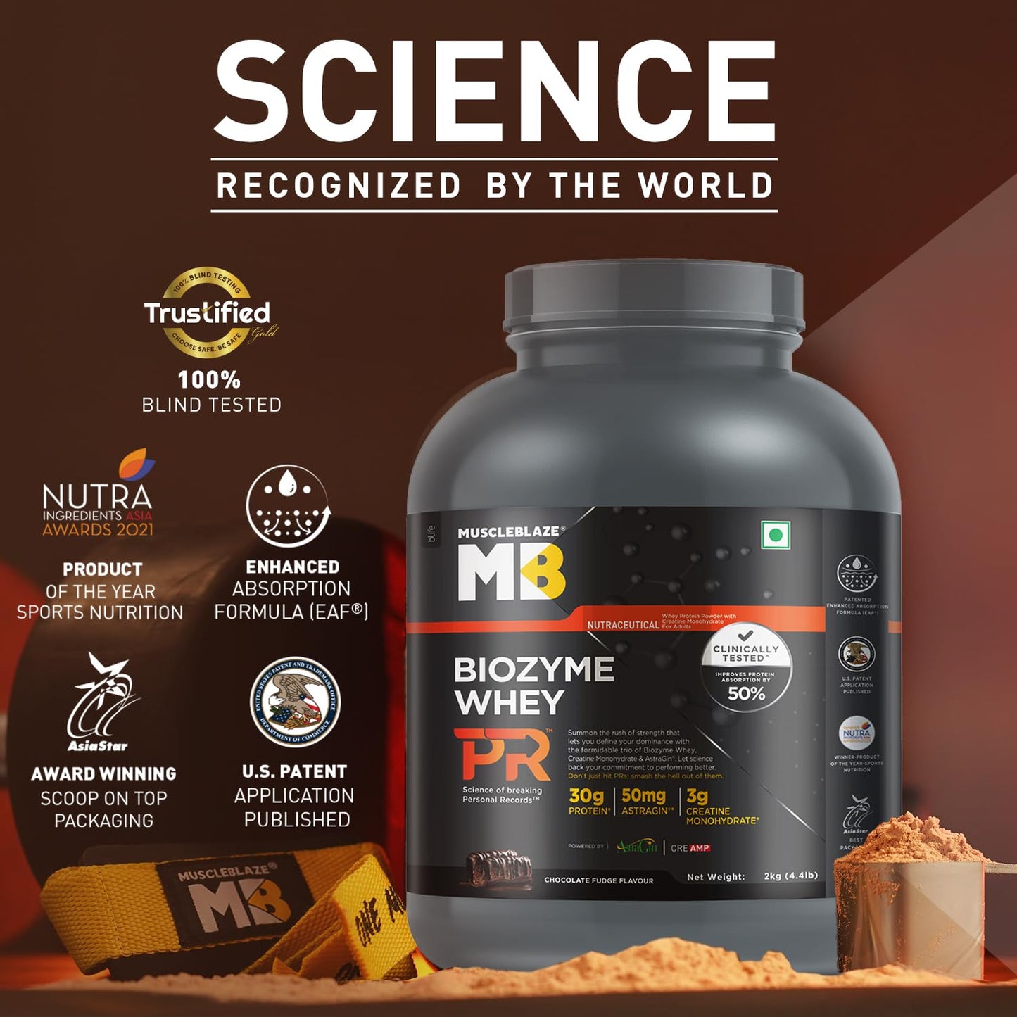 MuscleBlaze Biozyme Whey Protein PR Powder with 30g Protein, 3g Creatine Monohydrate & 50mg AstraGin, Chocolate Fudge (2kg / 4.4lbs