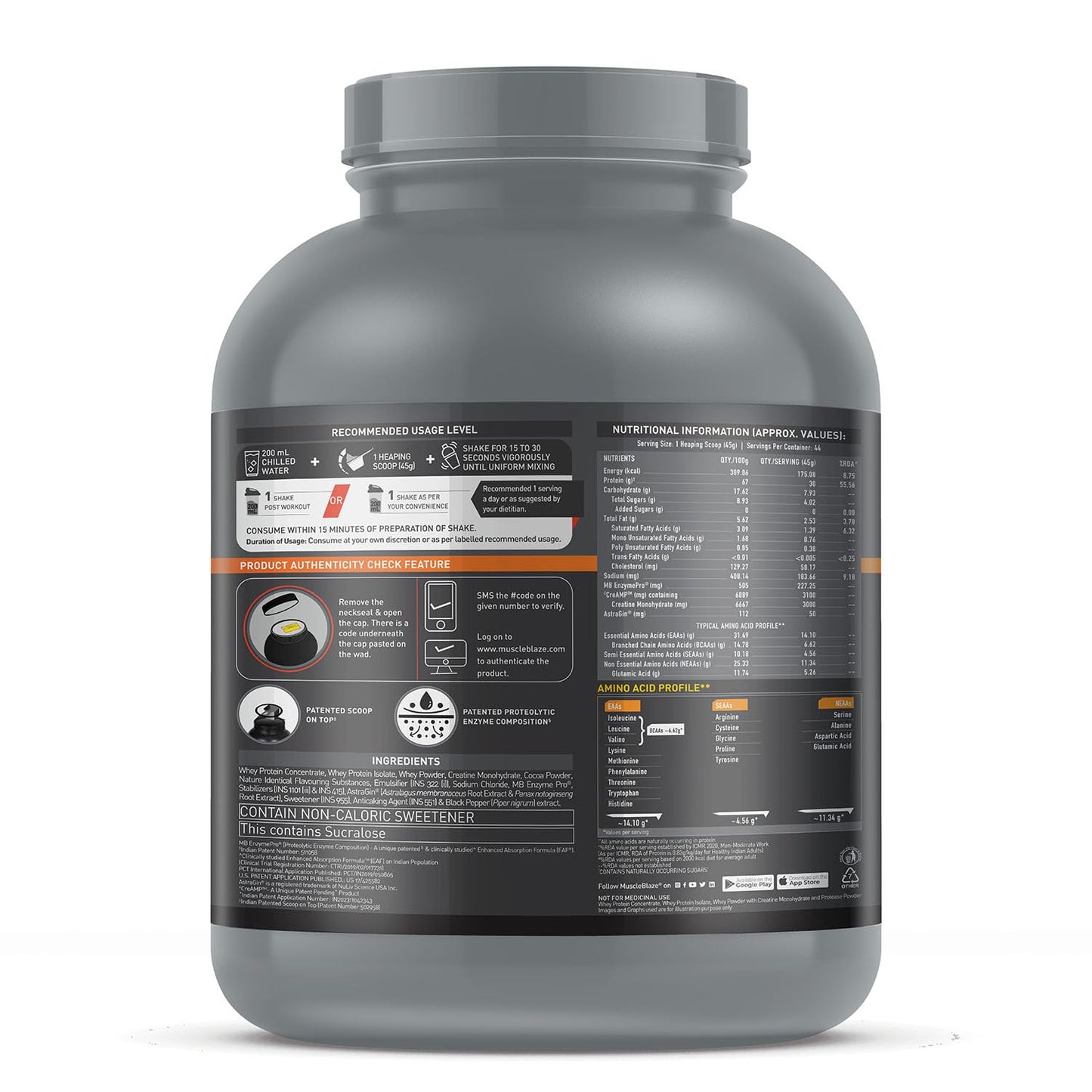 MuscleBlaze Biozyme Whey Protein PR Powder with 30g Protein, 3g Creatine Monohydrate & 50mg AstraGin, Chocolate Fudge (2kg / 4.4lbs