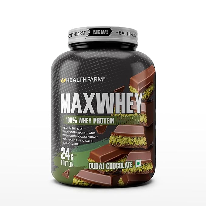 Healthfarm MaxWhey Whey Protein Powder | 24g Protein | Fast Absorbing Protein (Dubai chocolate) 2kg