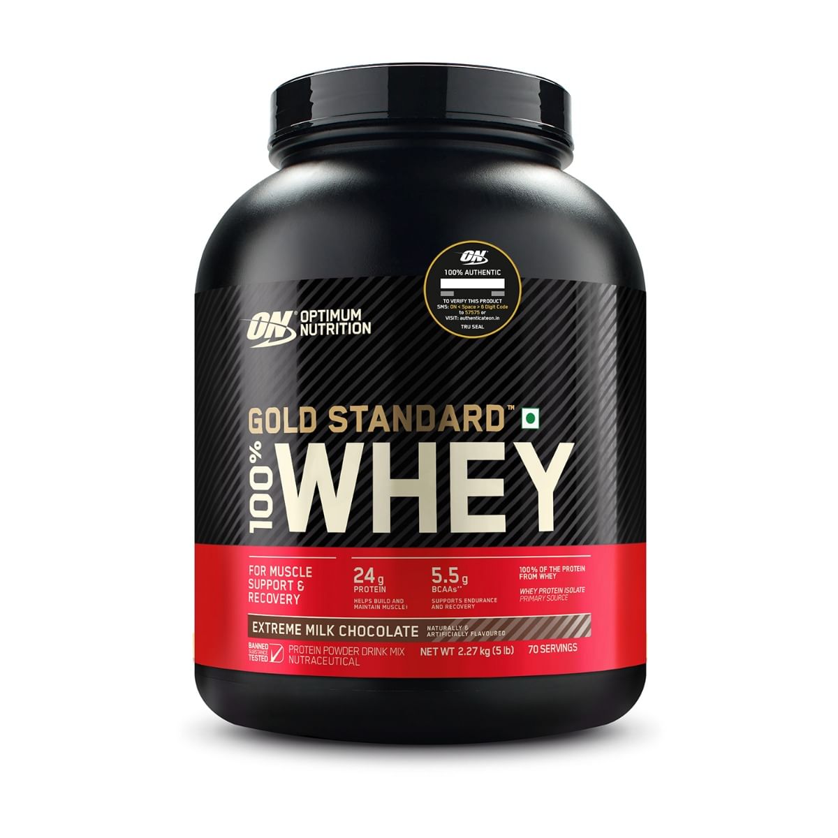 Optimum Nutrition (ON) Gold Standard 100% Whey Protein Powder 5 lbs, 2.27kg (Extreme Milk Chocolate), for Muscle Support & Recovery, Vegetarian - Primary Source Whey Isolate