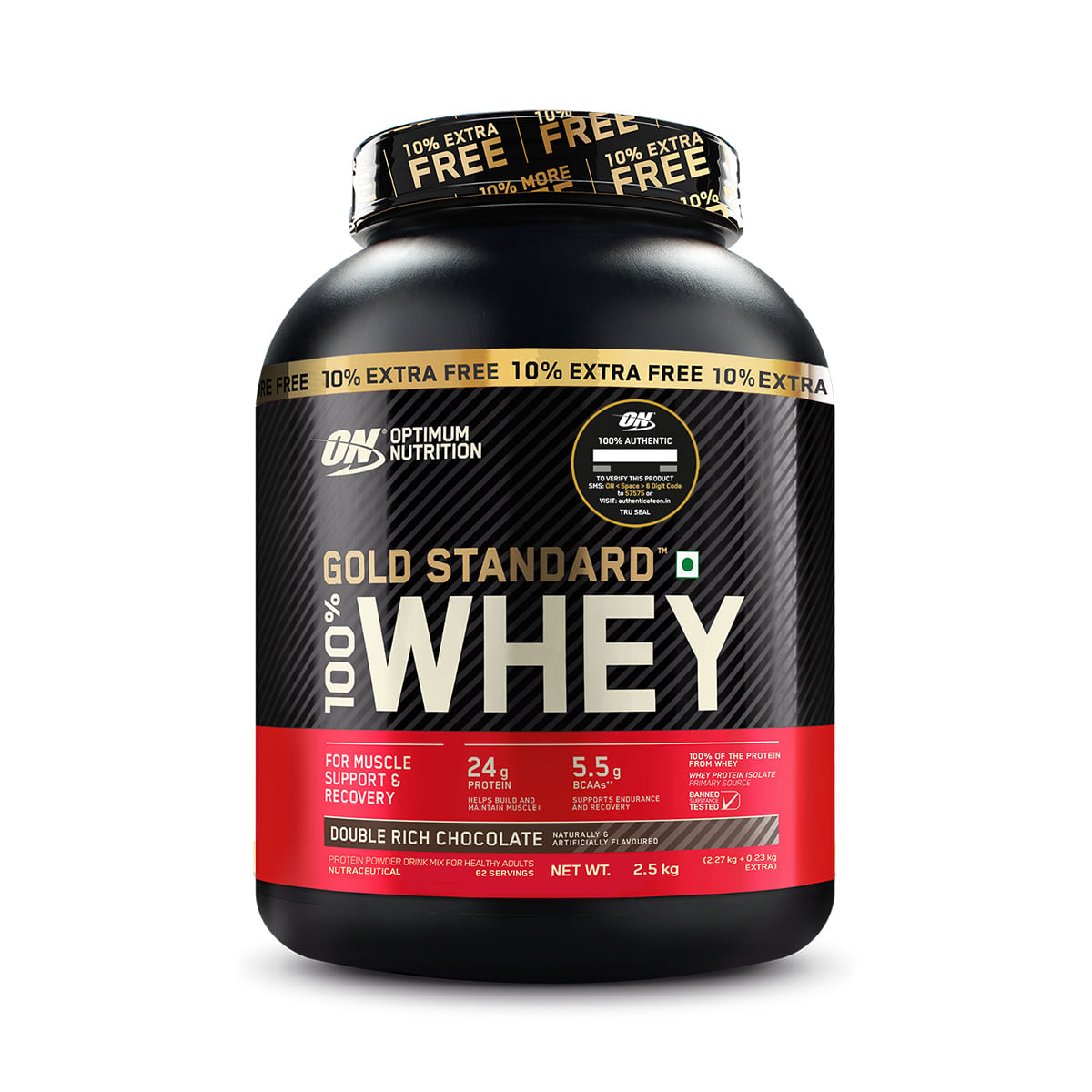 Optimum Nutrition (ON) Gold Standard 100% Whey Protein Powder - 5 lb (+10% Extra), 2.5 kg - Double Rich Chocolate