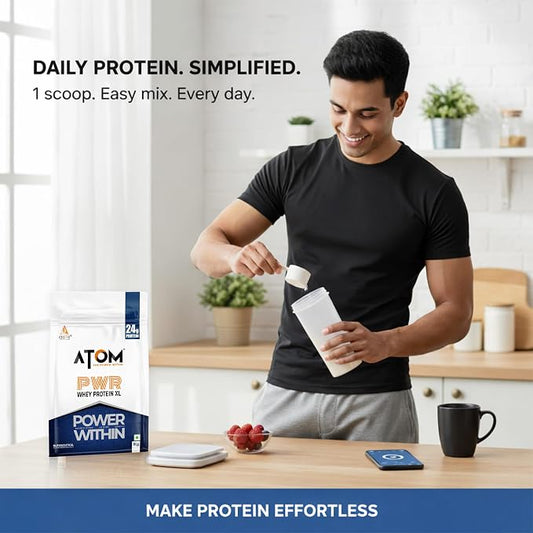 AS-IT-IS ATOM PWR Whey XL - Powered with Fermented Yeast Protein Isolate, 24g Protein, with DigeZyme®, Easy Digest, Lean Muscle Gains & Strength, Rapid Recovery, 1kg Double Rich Chocolate