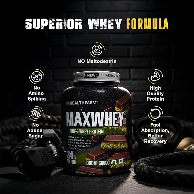 Healthfarm MaxWhey Whey Protein Powder | 24g Protein | Fast Absorbing Protein (Dubai chocolate) 2kg