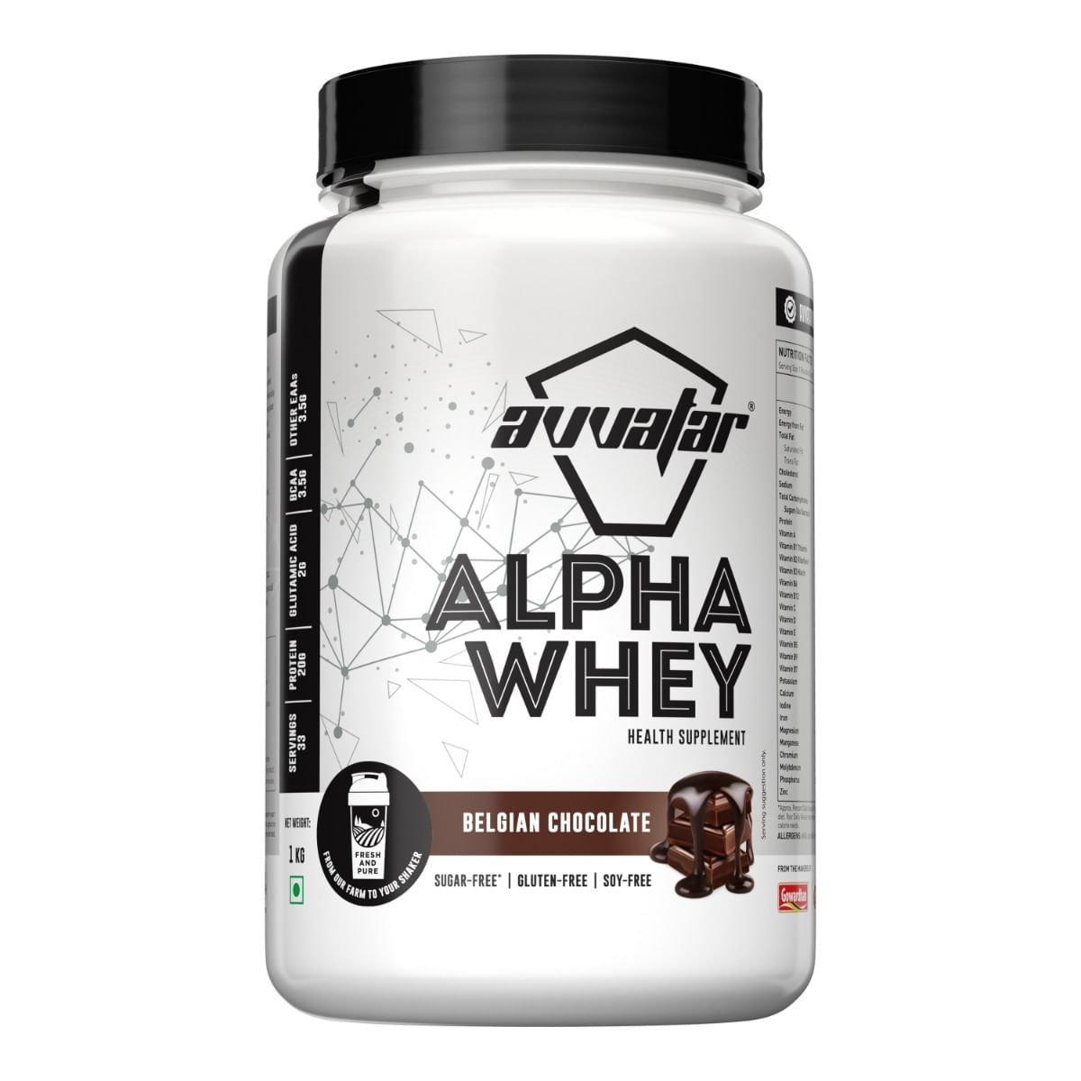 Avvatar Alpha Whey 1kg | Belgian Chocolate | 33 Servings | 20g Protein