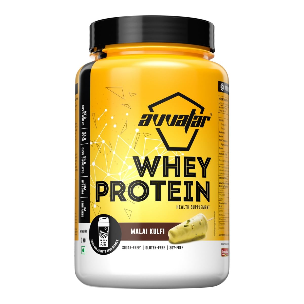 Avvatar Whey Protein 1kg |  Malai Kulfi | 29 Servings | 28g Protein | Sugar free | Gluten free | Soy free
