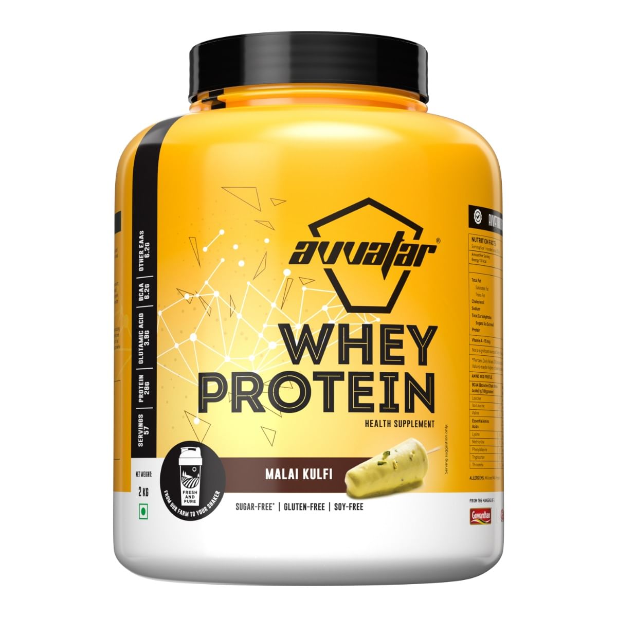 Avvatar Whey Protein 2kg | Malai Kulfi | 57 Servings | 28g Protein | Sugar free | Gluten free | Soy free