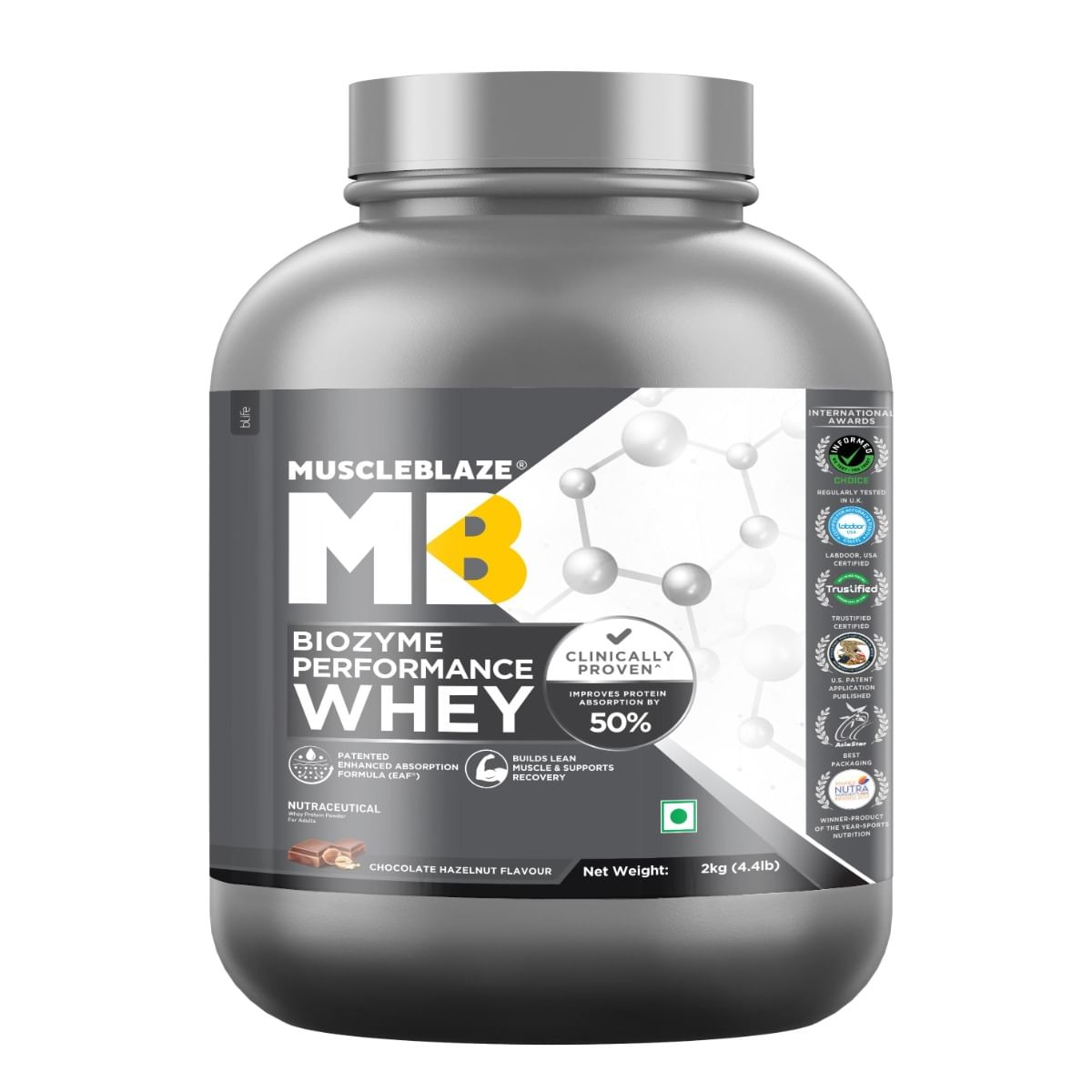MuscleBlaze MB Biozyme Performance Whey 2kg | 55 Servings | Chocolate Hazelnut Flavour | Muscle Gain