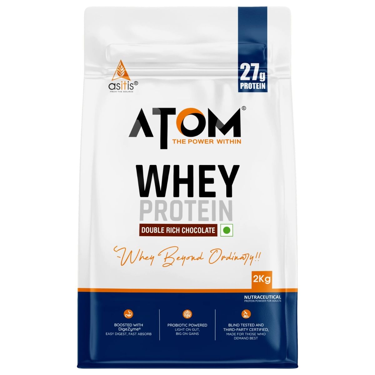 AS-IT-IS ATOM Whey Protein 2kg | Double rich chocolate | 56 Servings | 27g protein | 5.7g BCAA | Digestive Enzymes