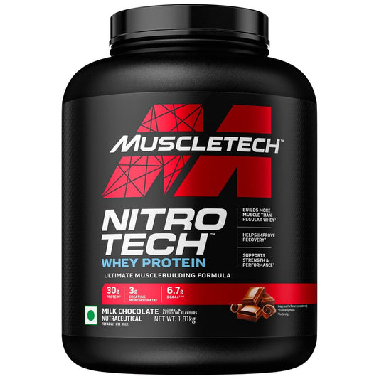 Muscle Tech Nitro-Tech Whey Protein, 1.81kg (4lbs), Milk Chocolate, 30g Protein, 3g creatine monohydrate, 6.7g BCAA, ultimate muscle building formula, increase strength & performance
