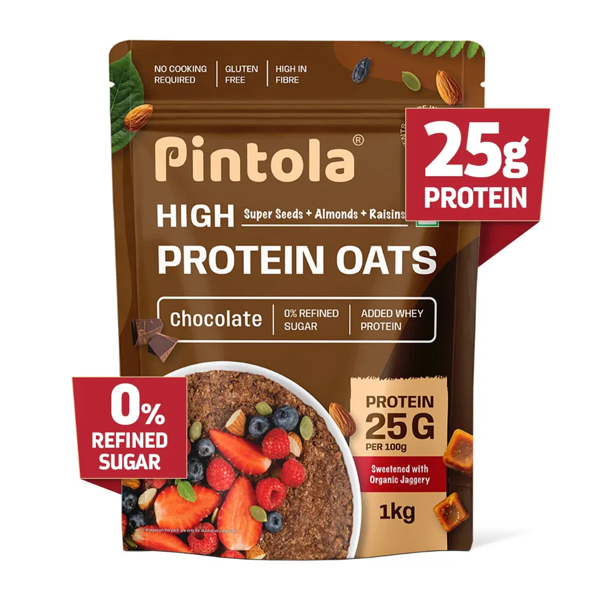 Pintola 25g High Protein Oats, Dark Chocolate, Oats for weight loss, Breakfast Cereals Pouch - 1kg