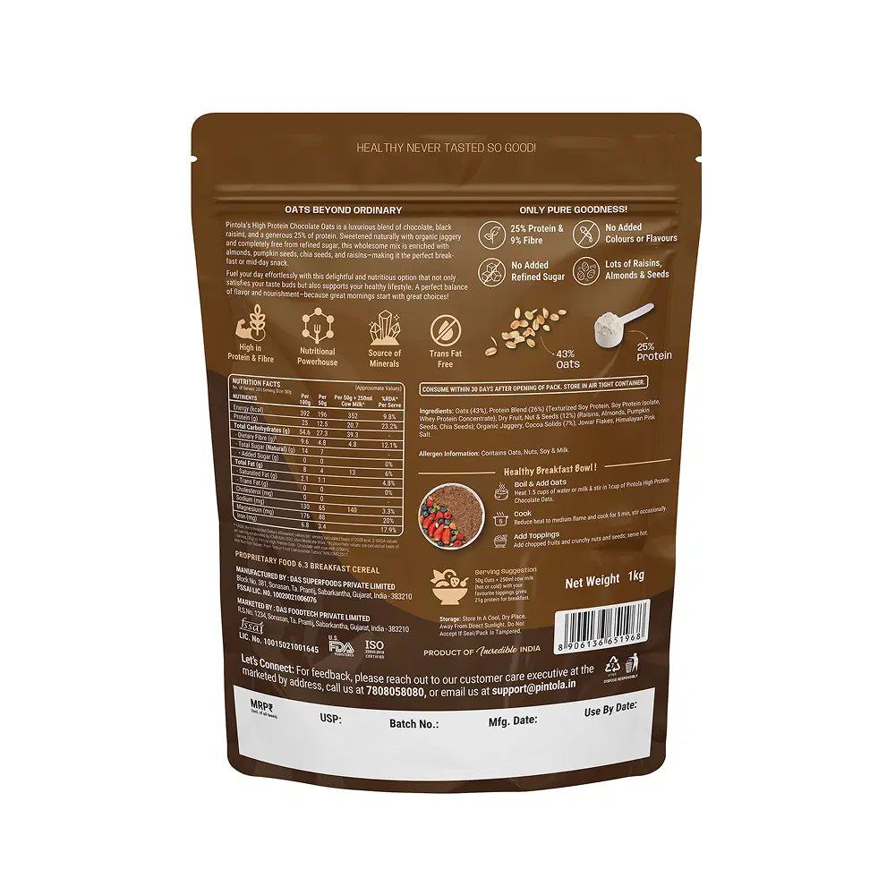 Pintola 25g High Protein Oats, Dark Chocolate, Oats for weight loss, Breakfast Cereals Pouch - 1kg