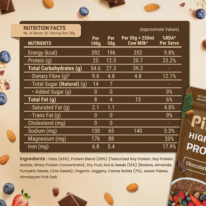 Pintola 25g High Protein Oats, Dark Chocolate, Oats for weight loss, Breakfast Cereals Pouch - 1kg