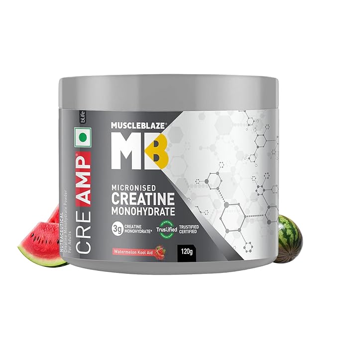 MuscleBlaze Micronised Creatine Monohydrate CreAMP Powder, Watermelon Kool Aid (30 Servings, 120g) | Trustified Certified Creatine
