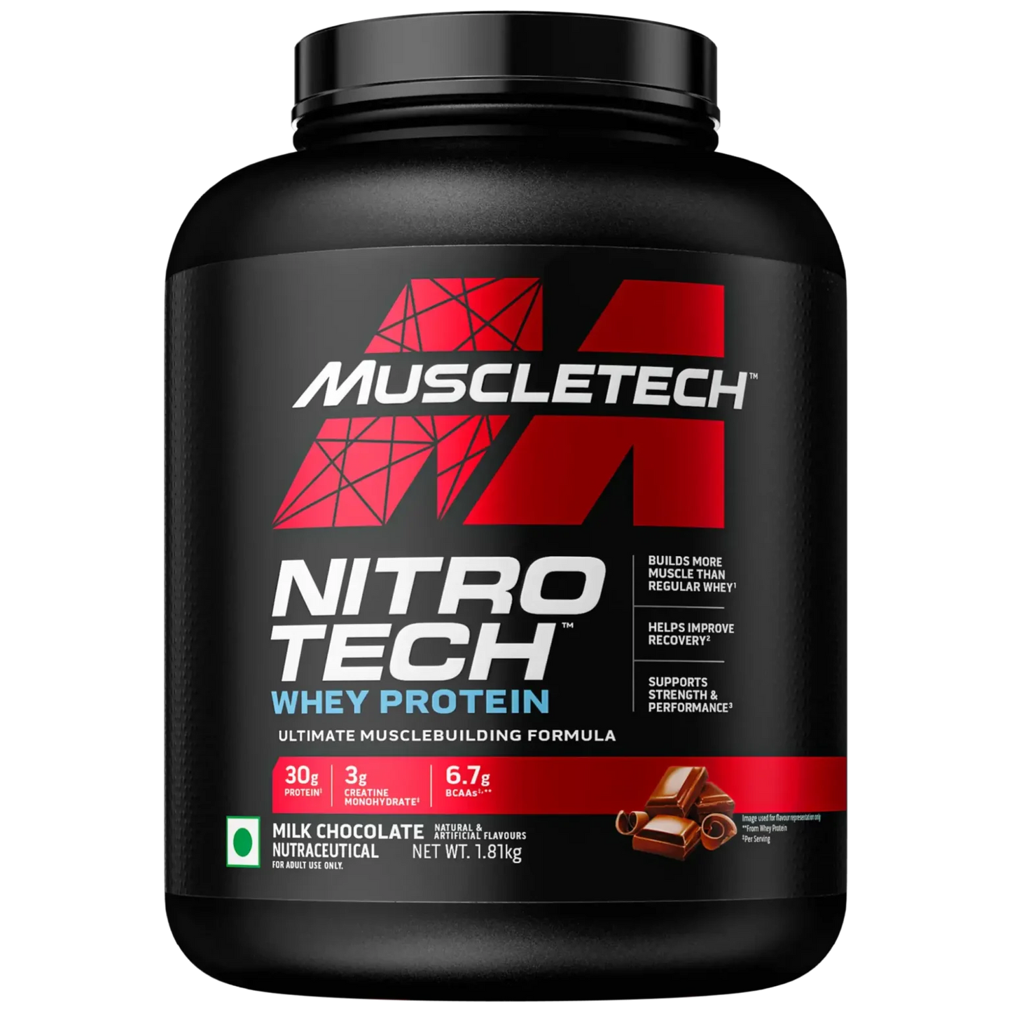 MuscleTech Nitrotech Whey Protein 1.81kg | 40 Serving | 30g Protein | Milk Chocolate Flavour | Muscle | Recovery | Strength