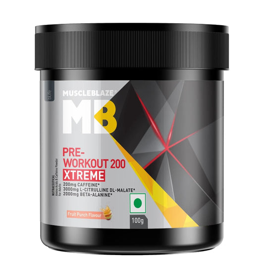 MuscleBlaze MB Pre Workout 200 Xtreme 100g | 15 Serving |  Fruit Punch Flavour | Energy | Enhanced Pump