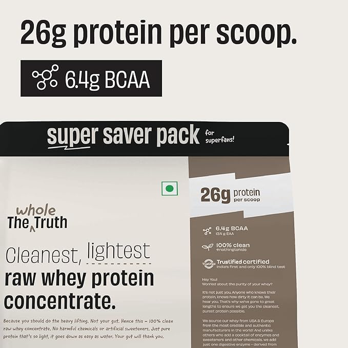 The Whole Truth Whey Protein Concentrate Unflavoured | 2 kg (4.4 lbs) | 26g Protein per scoop | 6.4g BCAA | No Adulteration | Clean and Light | Muscle Building | Vegetarian