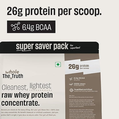 The Whole Truth Whey Protein Concentrate Unflavoured | 2 kg (4.4 lbs) | 26g Protein per scoop | 6.4g BCAA | No Adulteration | Clean and Light | Muscle Building | Vegetarian