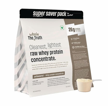The Whole Truth Whey Protein Concentrate Unflavoured | 2 kg (4.4 lbs) | 26g Protein per scoop | 6.4g BCAA | No Adulteration | Clean and Light | Muscle Building | Vegetarian